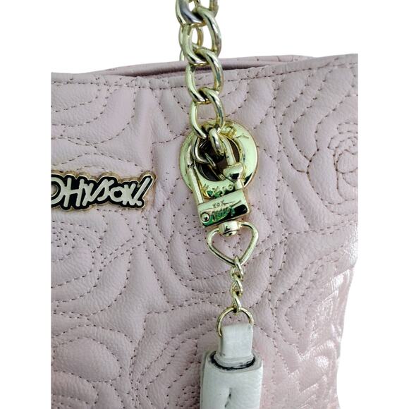 Vintage Women's Betsy Johnson Pink Rose Flower Shoulder Tassels Gold Chain - Picture 3 of 16